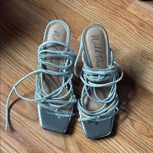 Wild pair Silver Strappy Heels with Square Toe